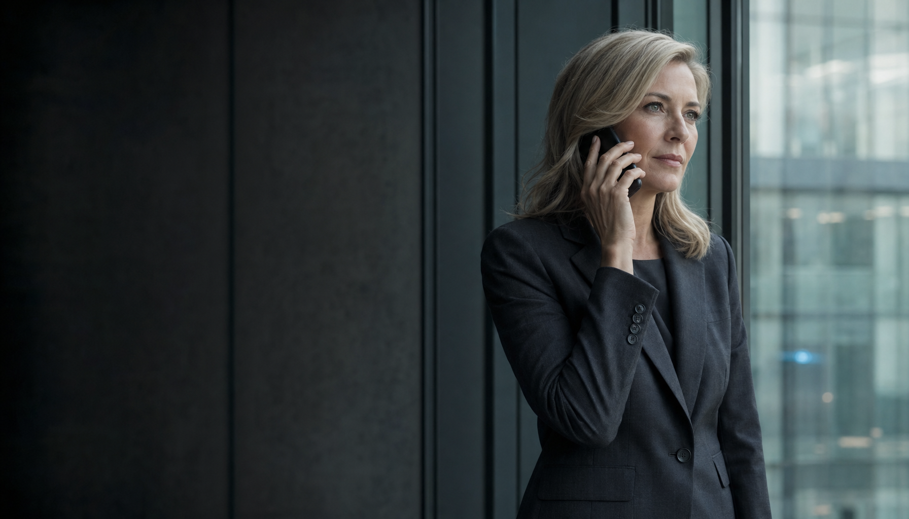 Professional taking a phone call beside a dark office window.