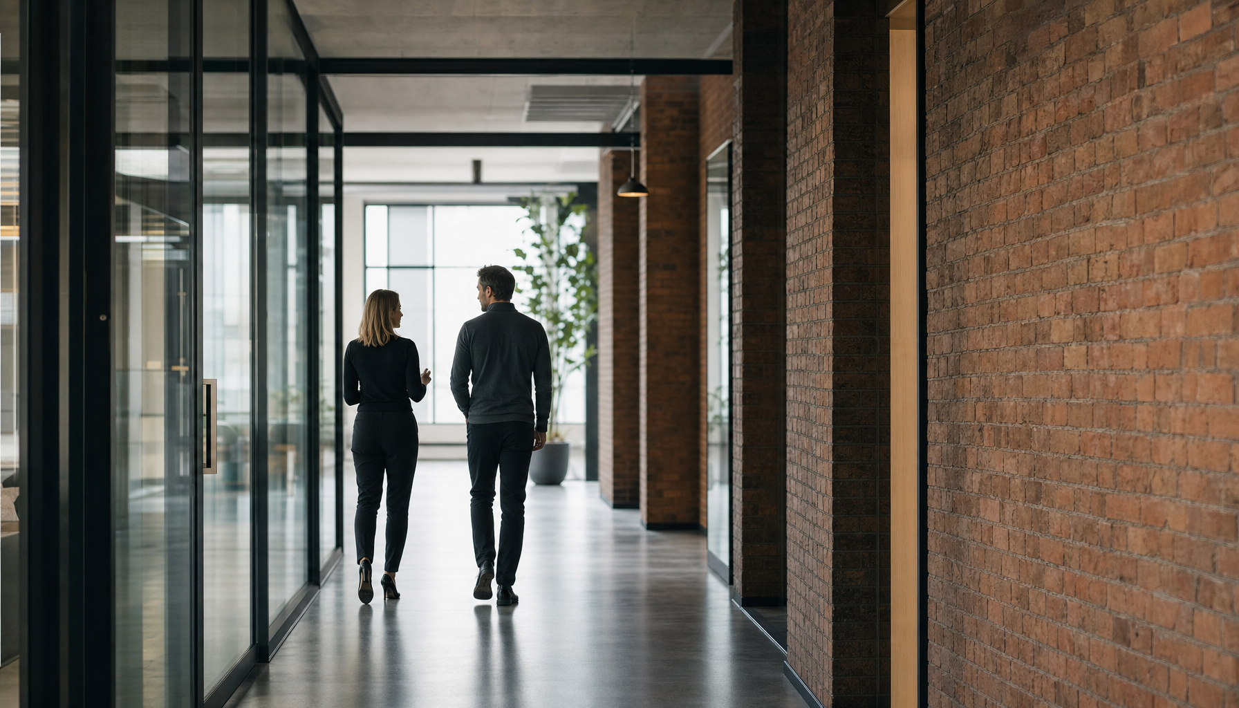 Two professionals walking through a glass and brick office corridor.