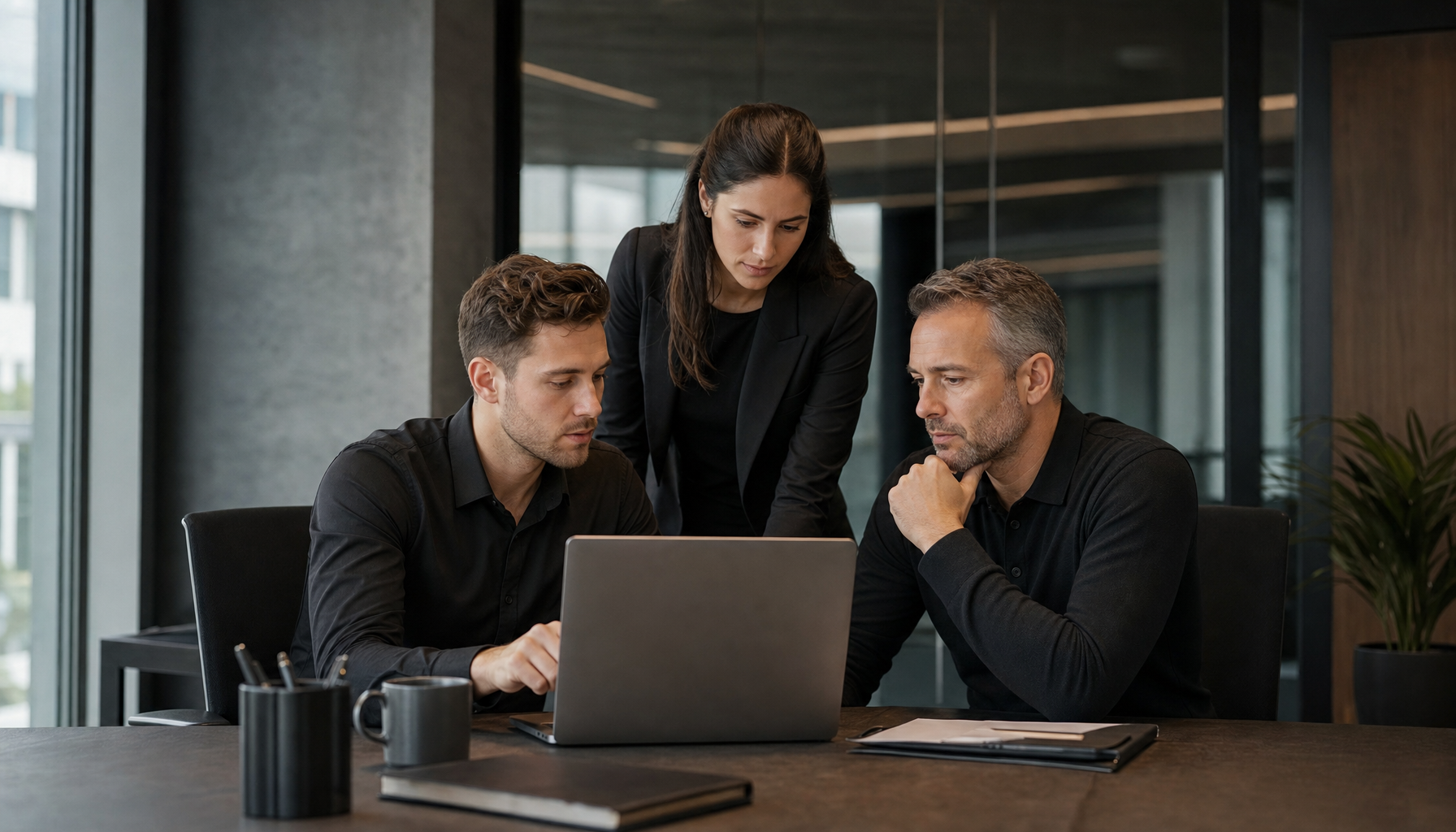 Three professionals discussing work around a laptop.
